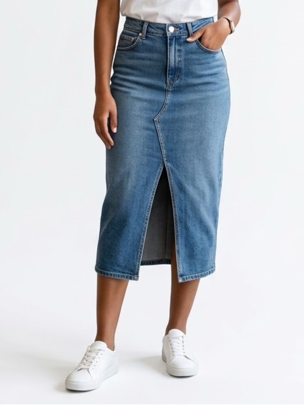 Mavi Front Slit High Rise Denim Midi Skirt 5 Pocket Casual 32